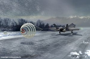 Airborne Systems Aircraft landing deceleration systems. Design and manufacture of military-grade parachutes. Entry, Descent & Landing System (EDLS) for aircraft. Illustration - Airplane landing in snowstorm near mountains dragging parachutes.