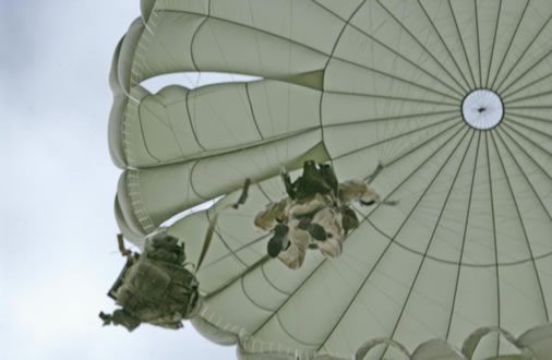 Airborne Systems. Canopy jumper and cargo from below. MC-6 Army Troop Parachute non-steerable for military jumpers. Low opening. Carries up to 400 lbs. Minimum deployment altitude 500 ft.